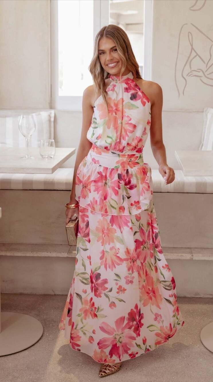 Petal and Pup Martha Halter Sleeveless Maxi Dress Orange Floral size 24